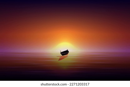 Sunset and the boat on the middle sea. variety of colors and hues of the sun's rays. Sea landscape.