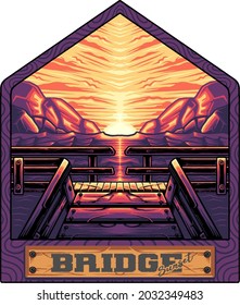 sunset bridge badge vector illustration