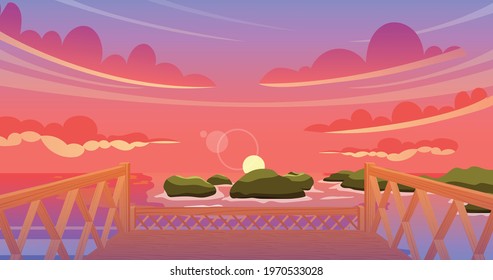 Sunset with bridge, corals, sky and clouds in the beach. Beautiful landscape background.