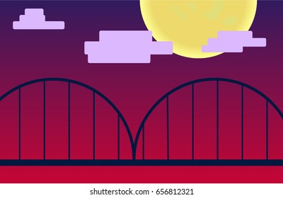 Sunset bridge with full moon