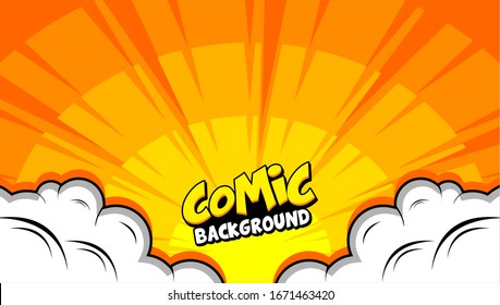 Sunset bright pop art comic background with halftone color and funny cloud vector