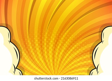 Sonnenuntergang, heller Pop-Art-Comic-Hintergrund mit Halbton-Farbe und lustiger Cloud-Vektorgrafik