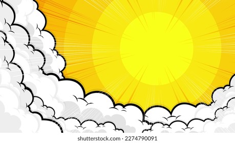 Sunset bright pop art comic background with halftone color and funny cloud vector