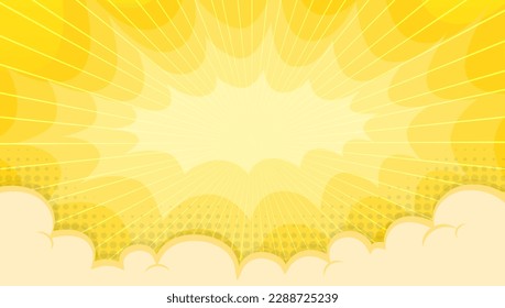 Sunset bright pop art comic background with halftone color and funny cloud vector