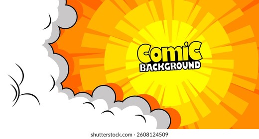 Sunset bright pop art comic background with halftone color and funny cloud vector