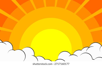 Fondo cómico de arte pop brillante al atardecer con color semitono y nube divertida. Vector Eps 10
