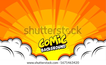 Sunset bright pop art comic background with halftone color and funny cloud vector