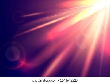 Sunset. Bright sun beams. Vector light effect