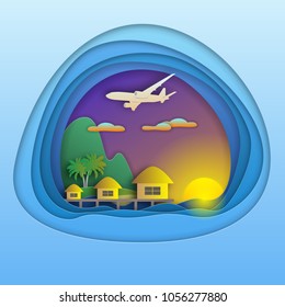 Sunset with bungalows on sea resort, aircraft in the sky, mountain and palm trees on island. Tourist card illustration in paper cut style.