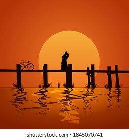 sunset by the bridge cycle,bridge,sun,couple,vector background illustration