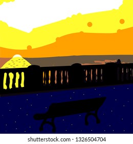 Sunset by the sea and a bench in the starry sky. Vector picture, landscape. Abstract elements, vaporwave style.
