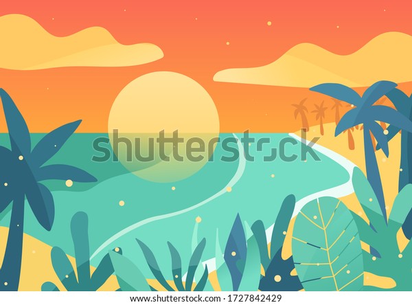 Sunset by the sea. Tropical vector illustration in warm colors. Yellow sun, ocean blue palms, grass, bushes. Cyan waves. Summer meditation picture for background, romantic wallpaper, application.