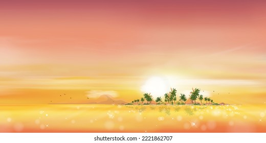 Sunset by seaside with pink and orange sky,Vector illustration beautiful nature witth coconut palm tree on island in morning, Tropical sea beach with yellow sky and sundawn in summer