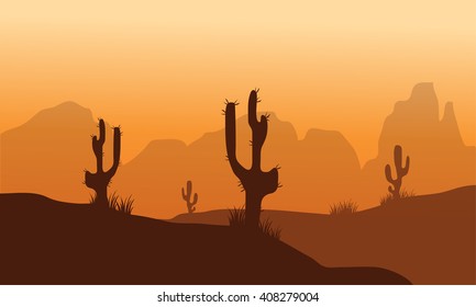 Sunset with Cactus in Desert vector illustration