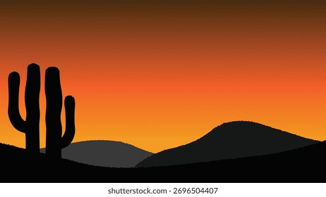 Sunset and cactus. Sunset with mountains in the background. Silhouette of cactus