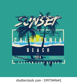 puesta de sol, playa de california, gráfico de marco de texto, vector tipográfico, ilustración para camiseta impresa 