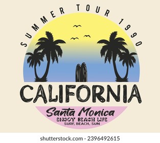 Sunset california, Santa monica. Summer vibes graphic design for t shirt print, poster, sticker, background and other uses. Palm tree with surfing board. Surfing club graphic print design for t shirt.