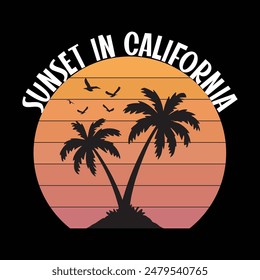Sunset in California summer sunset gradient and palms silhouette on black background