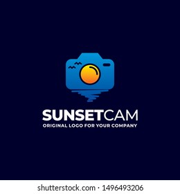 sunset camera. photography logo design template.