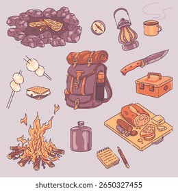 Sunset Camping Essentials Vector Backpack, Campfire, Knife, Marshmallow, Mug, Lamp in sunset Flat color