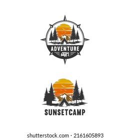 Sunset Camping Mountain Adventure , Emblems, and Badges logo design template