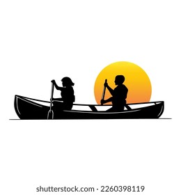 sunset canoe hand draw vector