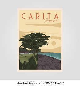 sunset at carita beach vintage travel poster vector illustration design, view at bintang laut resort