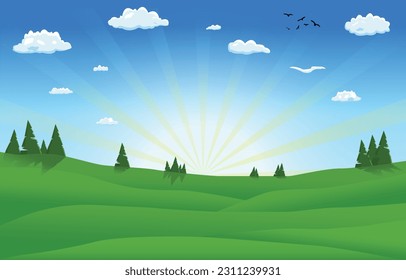 Sonnenuntergang, Cartoon-Hintergrund mit Landschaft, Bäumen, Sonnenbrand, Wolken, Himmel