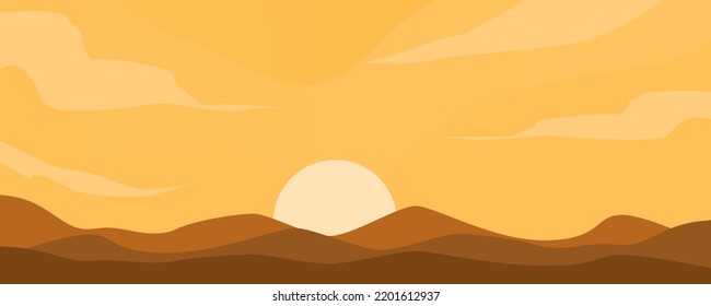 Sunset cartoon background with mountains and clouds. vector illustration