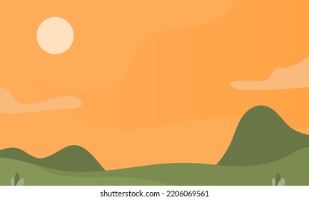 Sunset cartoon background with mountains and clouds. vector illustration