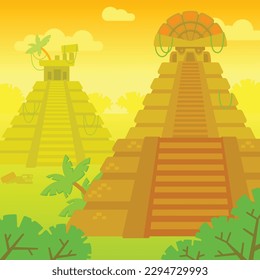 Antecedentes al estilo de las caricaturas del atardecer con antiguas pirámides mayas.