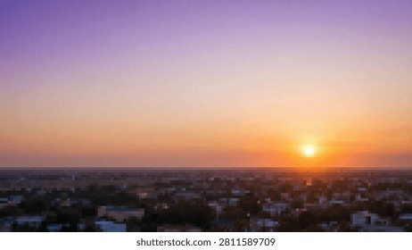 Sunset casting warm glow over sprawling city with houses and buildings below