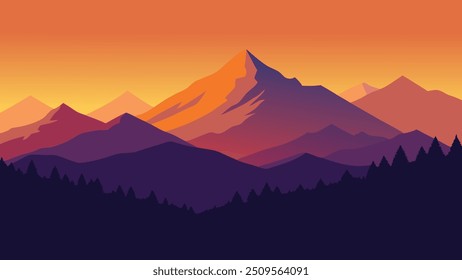 Sunset casts vibrant colors over majestic mountains, creating a serene and picturesque landscape flat vector illustration