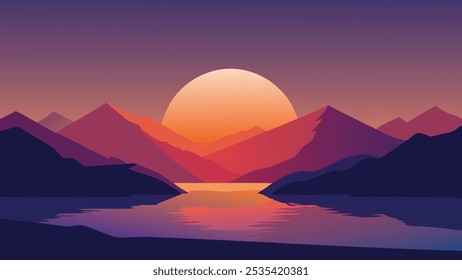 La puesta del sol proyecta colores vibrantes sobre las montañas y el lago en Montenegro, creando un paisaje pintoresco de Ilustración vectorial plana