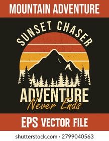 SUNSET CHASER Adventure Never Ends – Retro Mountain Sunset Outdoor Travel Vector Design for Nature Lovers and Explorers