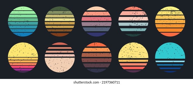 Sunset circle gradient badges, retro abstract emblems. Retro sunrise grunge texture stamps, round gradient elements vector illustration set. Color gradation labels