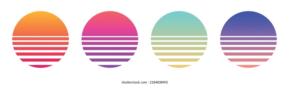 Sunset circle gradient retro 80s summer style vector illustration set.