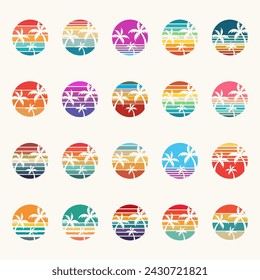 Sunset circle palm tree. Round ombre sunrise, striped gradient, vintage colors. Background, vector illustration. Tropical vibes, sea, ocean, beach, bayshore landscape. Summer morning, evening scene