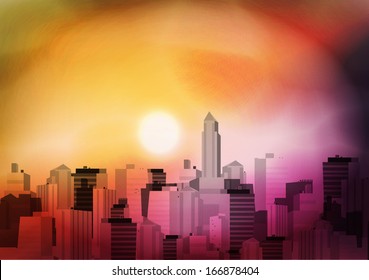 Sunset in a City Background - Vector Illustration