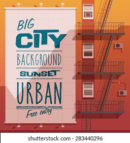 Sunset city. Banner on a wall. Vector illustration.