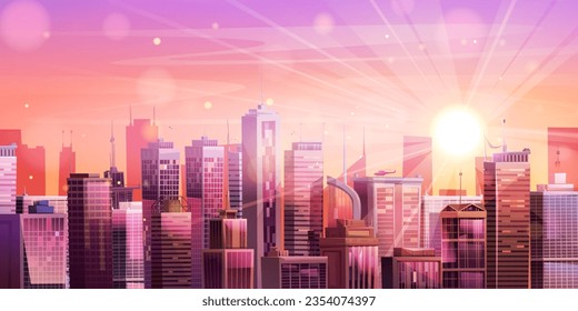 El horizonte de la ciudad al atardecer es un paisaje vectorial de fondo. Paisaje urbano de negocios con rayos solares en diseño de dibujos animados de cielo rosa y morado. Moderna metrópolis inmobiliaria ilustración panorámica con amanecer