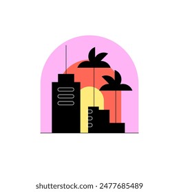 Sunset at city. Buildings and palm trees silhouettes. Warm urban skyline. Simple flat illustration. Vector file.