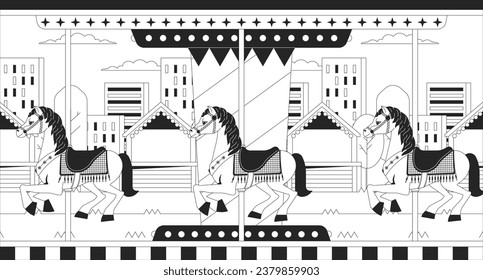 Sunset city carousel horses black and white lofi wallpaper. Fairground merry-go-round urban 2D outline scene cartoon flat illustration. Retro amusement park vector line lo fi aesthetic background