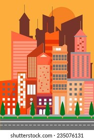 Sunset City Flat Vector Illustration
