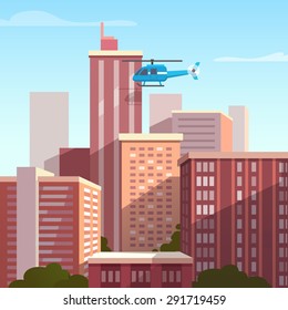 Sunset city landscape with flying helicopter. Flat style vector illustration.