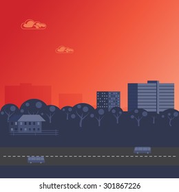 Sunset city landscape. Vector illustration.