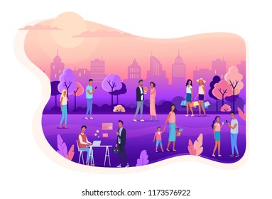 Sunset in the city park. People walking on the street color vector