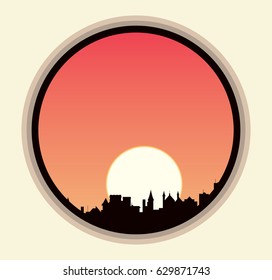 Sunset , city silhouette
abstract vector cityscape in circle frame illustration
