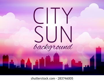 sunset city silhouette background with clouds and bokeh