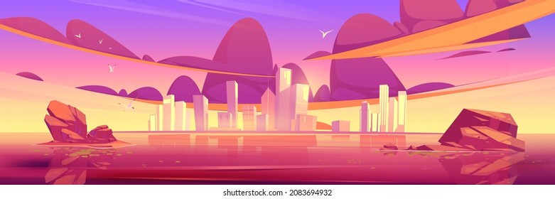 Sunset city skyline architecture near waterfront, modern megapolis with buildings skyscrapers reflecting in water surface under cloudy purple and pink sky with birds. Cartoon vector illustration